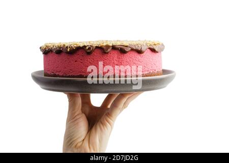 Human hand holding homemade raspberry cheesecake sprinkled with walnuts crumbs isolated on white Stock Photo