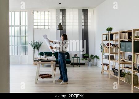 Smiling young female architect looking at blueprint while standing against rack in office Stock Photo