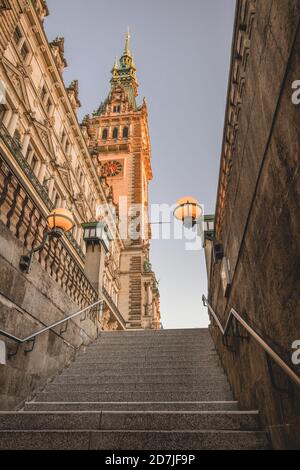 Germany, Hamburg, Steps and town hall tower Stock Photo