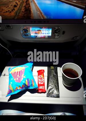 A set of food for a passenger on an Emirates airline flight. Stock Photo