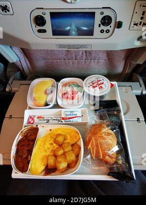 A set of food for a passenger on an Emirates airline flight. Stock Photo