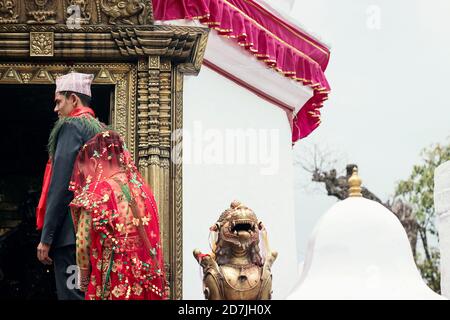 Traditional wedding ceremony at a temple in Nepal Stock Photo