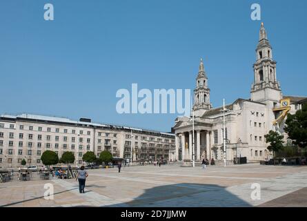 Entrance to Leeds Civic Hall, Millennium Square alongside the Brotherton Wing of Leeds General Infirmary, Leeds, West Yorkshire, England. Stock Photo