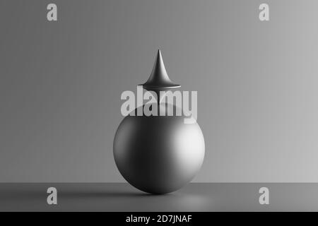 Three dimensional render of metallic top spinning on top of sphere Stock Photo