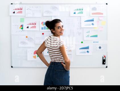 Smiling young businesswoman with hands on hip looking over shoulder while standing in front of whiteboard at office Stock Photo