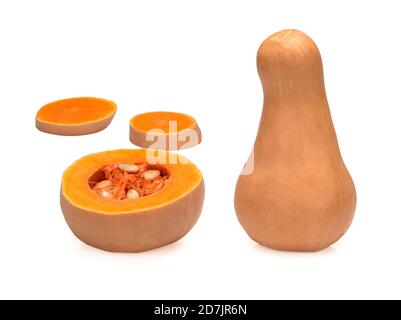 One whole and chopped mini pumpkin isolated on white background Stock Photo