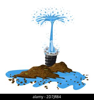 Breakthrough of metal pipe and water leakage isolated on white background.Water splashes, fountain water pressures, liquid leakage.Vector illustration Stock Vector