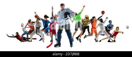 Sport collage of professional athletes or players on white background, flyer. Made of different photos of 13 models. Concept of motion, action, power, target and achievements, healthy, active lifestyle. Stock Photo