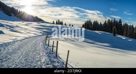Sun setting over snow-covered footpath in Kleinwalsertal Stock Photo