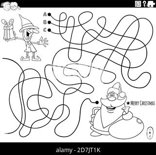 Black and white cartoon illustration of lines maze puzzle game with Santa Claus and Christmas elf coloring book page Stock Vector