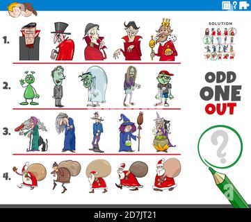 Cartoon illustration of odd one oute picture in a row educational game for elementary age or preschool children with Christmas and Halloween holiday c Stock Vector