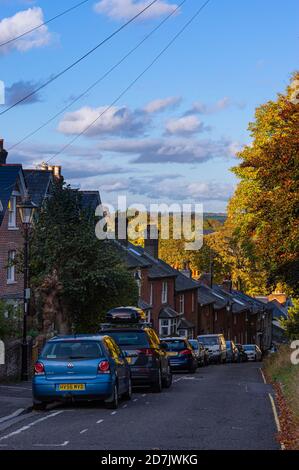 A late afternoon autumnal scene as golden light shines on the trees beyond Clifton Road in Winchester, Hampshire, England. Stock Photo