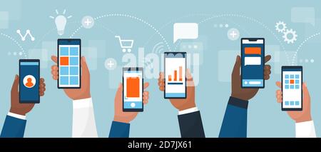 Crowd of people holding smartphones and using apps, communications and social media concept Stock Vector