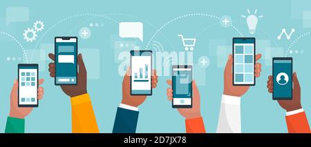 Crowd of people holding smartphones and using apps, communications and social media concept Stock Vector
