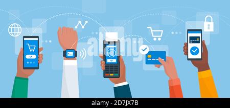 Electronic payments and secure transactions: people paying using mobile devices and credit card Stock Vector