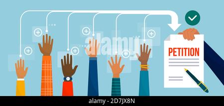Group of people signing a petition and lawyer holding a document, civil rights and community concept Stock Vector