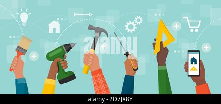 Diverse hands holding DIY tools and smartphone: home renovation, repair and do it yourself concept Stock Vector