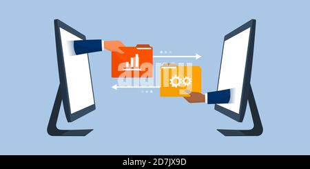 Business team working remotely and exchanging files online, data transfer tools concept Stock Vector