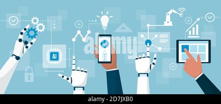 AI robots and business people interacting together in a productive process, artificial intelligence and smart industry concept Stock Vector