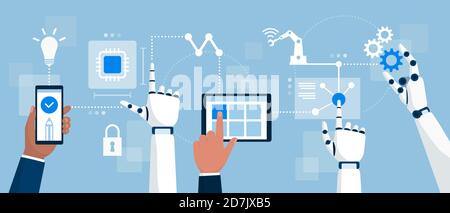 AI robots and business people interacting together in a productive process, artificial intelligence and smart industry concept Stock Vector
