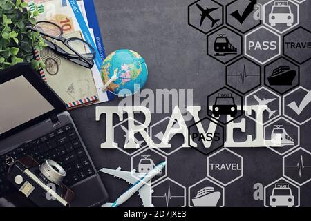 Air ticket and passport for flight plane. Travel concept. Ticket booking. Stock Photo