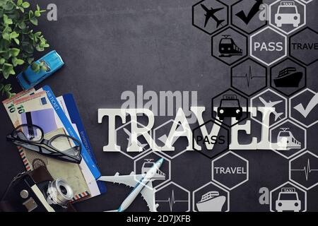 Air ticket and passport for flight plane. Travel concept. Ticket booking. Stock Photo