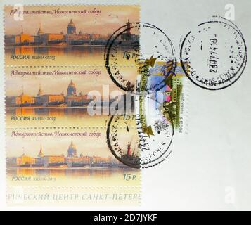MOSCOW, RUSSIA - MARCH 11, 2020: Postage stamp printed in Russia with stamp of shows Centre of St.Petersburg, Admiralty, St. Isaac's Cathedral, World Stock Photo