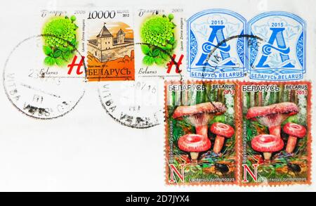 MOSCOW, RUSSIA - MARCH 11, 2020: Postage stamps printed in Belarus, with stamp of Vitebsk shows Lactarius torminosus, Zinnia, Lida castle XIV century, Stock Photo