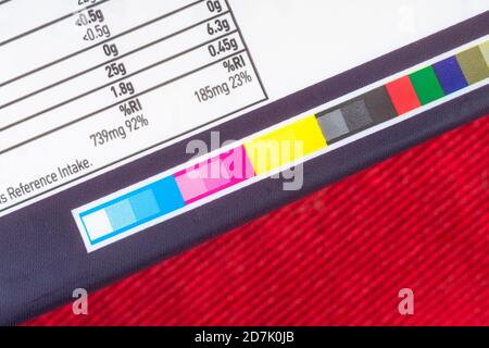 Colour registration strip on ASDA food packaging. For CMYK process colours, spot colours, printing registration, colours in industry, printing. Stock Photo