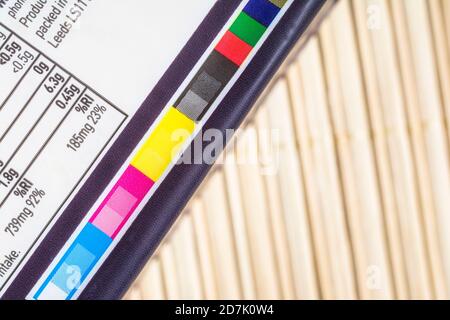 Colour registration strip on ASDA food packaging. For CMYK process colours, spot colours, printing registration, colours in industry, printing. Stock Photo