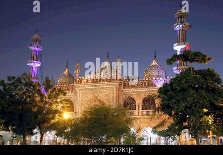 A beautiful illuminated view of Aram Bagh Mosque building decorated with lights in connection of 12th Rabi-ul-Awwal the Birthday Ceremony of Holy Prophet (P.B.U.H) coming ahead, located on Saddar area of Karachi on Friday, October 23, 2020. Stock Photo
