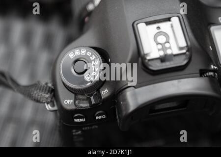 Canon 5dmiii DSLR close up of mode dial and hot shoe Stock Photo