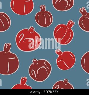 Vector seamless pattern with ripe pomegranates on a smalt blue background. Wallpaper or textile design. Concept for fruit store. Stock Vector