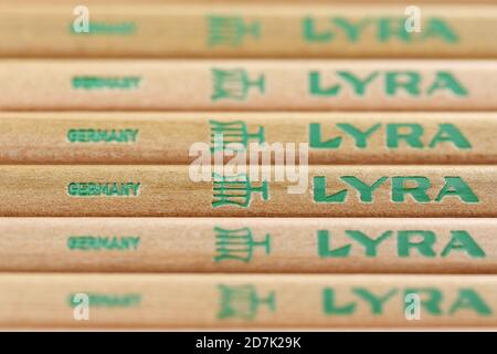 Lyra marking at pencils. Lyra is the oldest pencil factory in Nuremberg and has been part of the Italian FILA group since 2008. Stock Photo