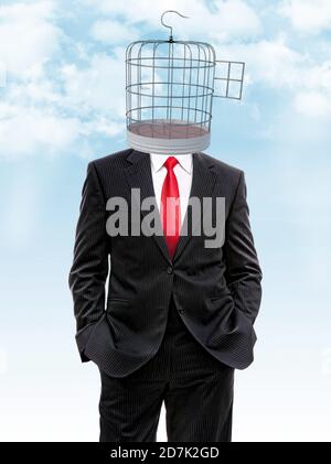 businessman with birdcage instead of his head, 3d illustration Stock Photo
