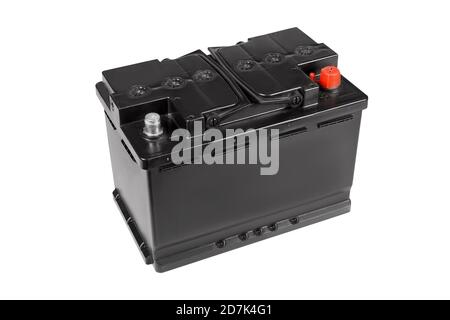 Black car battery isolated on white background. Accumulator battery for car. Side view. Stock Photo