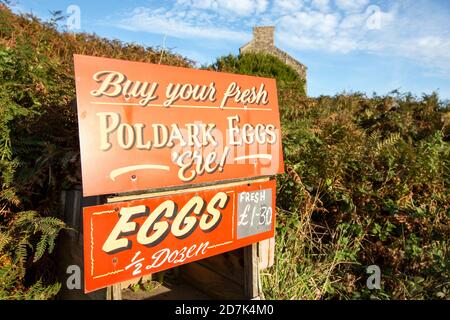 A sign about Poldark eggs in the Kenidjack Valley, Cornwall, UK. Stock Photo