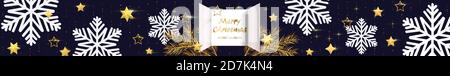 Christmas Advent Calendar with realistic white snowflakes paper cut, doors open, christmas tree branch, golden stars, golden letters on black. Horizon Stock Vector