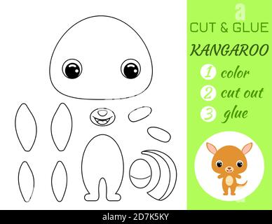 Coloring book cut and glue baby kangaroo. Educational paper game for preschool children. Cut and Paste Worksheet. Color, cut parts and glue on paper.C Stock Vector