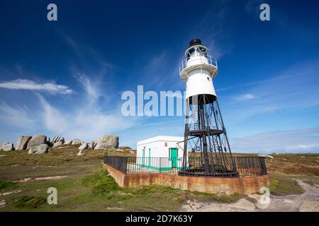 A lighthouse on Peninnis Head, St Mary’s, Scilly Isles. Stock Photo