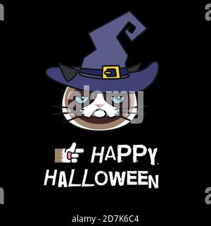 Grumpy cat in witch costume. Happy halloween Stock Vector