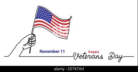 Veterans day simple vector banner, poster, background with flag and hand. Single line art with text happy Veterans day Stock Vector