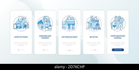 Self care practices onboarding mobile app page screen with concepts Stock Vector