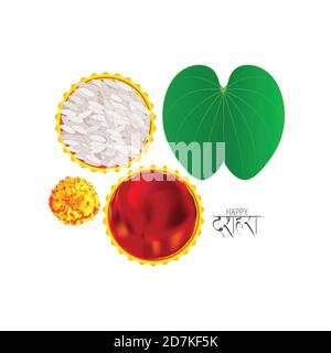 Happy Dussehra greeting card , green leaf Bauhinia racemosa and rice,Indian festival dussehra. Greeting card with bow and quiver for Navratri festival Stock Vector