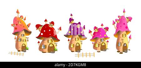 Set of fairy mushroom houses on a white background. Stock Vector