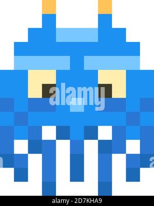 Cute blue space invader monster, game enemy in pixel art style on white Stock Vector