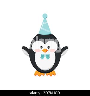 Cute penguin boy in happy birthday party cap isolated on white background. Stock Vector