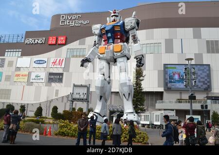 Tokyo, Japan-2/26/16: Life size statue of the RX-78-2 Gundam, famously known from the anime Gundam found in front of the Diver City Tokyo Plaza. Stock Photo