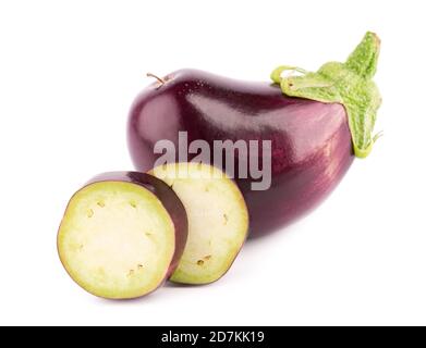 Eggplant isolated on white background. Fresh sliced eggplant or aubergine vegetable. Stock Photo