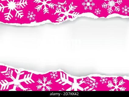 Pink Ripped christmas paper. Grunge stylized snowflakes background with torn paper with place for your text or image. Stock Vector
